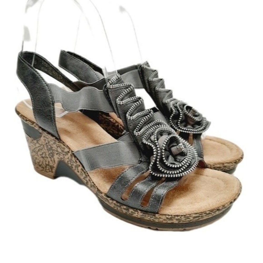 RIEKER \ Roberta Women's Wedge Sandal Gray Zipper Rosette Sz Eur 37 US 6